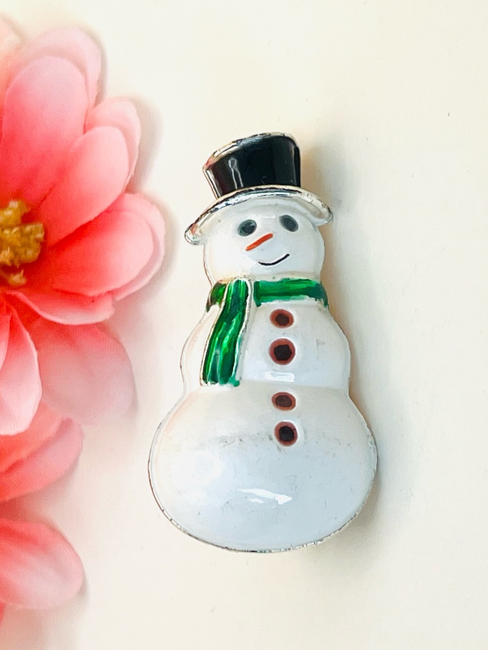 White Snowman Pin with Black Hat and Green Scarf - vintage Holiday